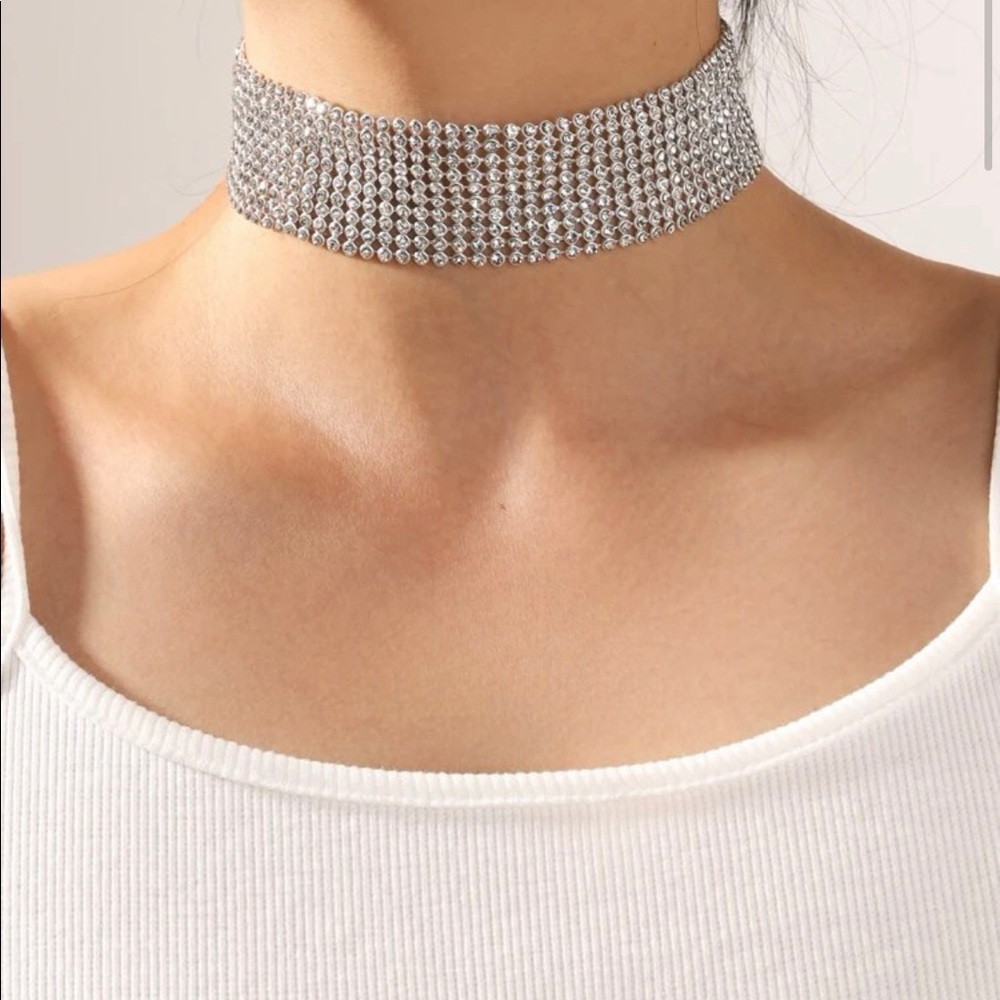 Modern Silver Rhinestone Choker - Picture 1 of 8